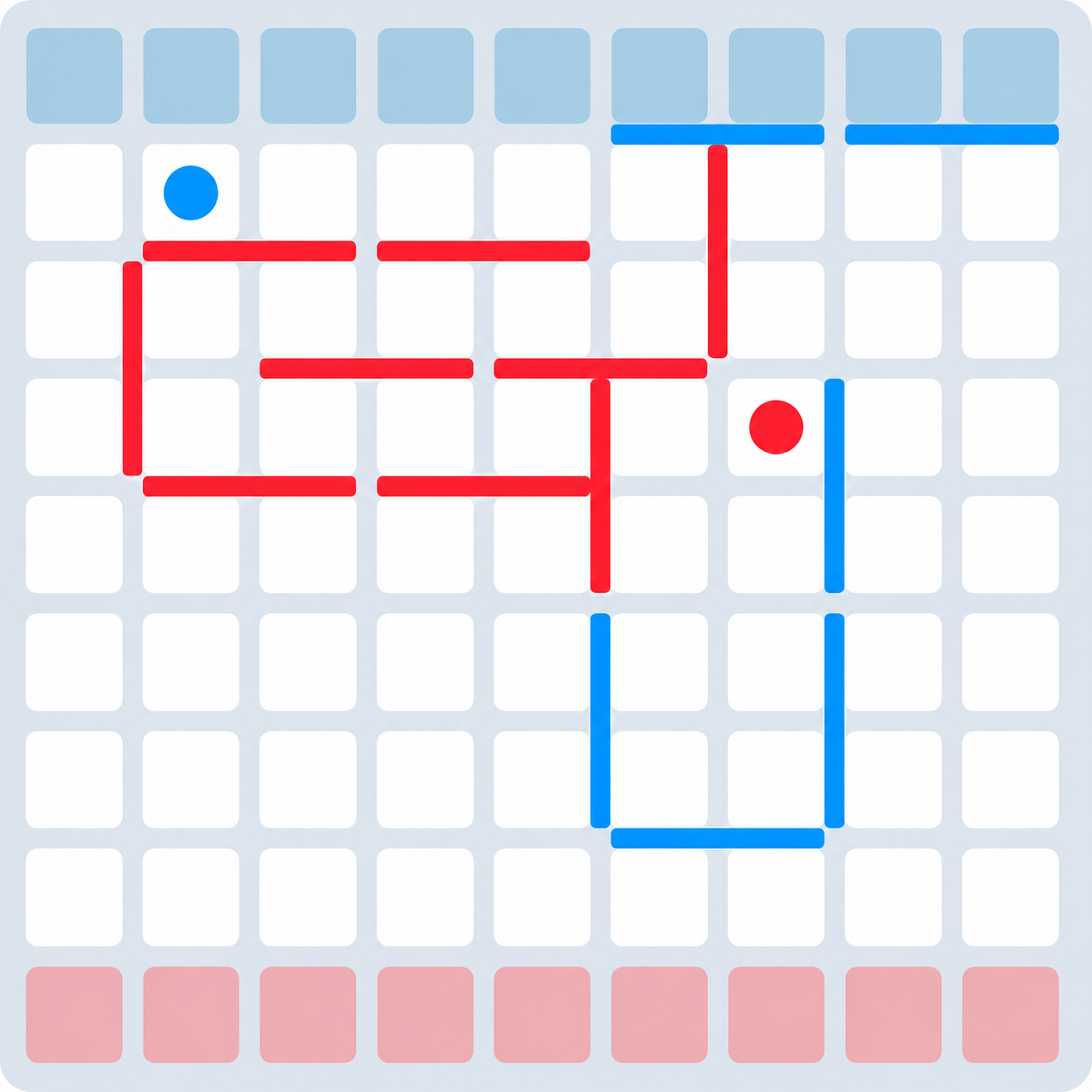 White Barriers GG strategy board with red and blue players and walls